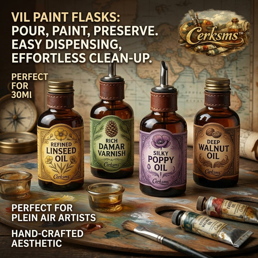 Cerksms™ 30ml Vintage Paint Flask Bottles for Artists, Amber Glass Oil & Varnish Dispenser, Portable Linseed Oil Damar Varnish Walnut Oil Poppy Oil Container, Leak-Resistant Art Medium Bottle for Plein Air Painting