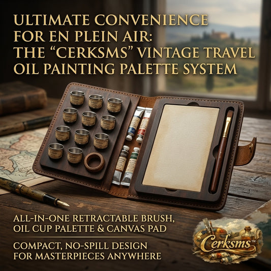 Cerksms™ Vintage Travel Oil Painting Palette System, Portable Plein Air Oil Paint Kit with Retractable Brush, Oil Cup Palette, Canvas Pad, Compact No-Spill Artist Set for Outdoor Sketching, Travel Painting & Studio Use