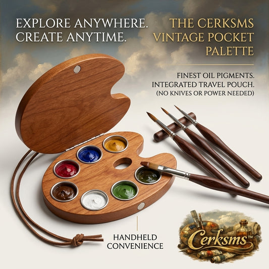 Cerksms™ Vintage Pocket Palette, Portable Wooden Oil Paint Palette Set with Fine Oil Pigments, Travel Pouch, Mini Handheld Artist Palette for Plein Air Painting, Sketching, Studio, Art Class & Creative Gifts