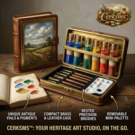Cerksms™ Vintage Travel Watercolor Paint Set, Portable Artist Pigment Kit with Antique Vials, Brass & Leather Case, Precision Brushes, Removable Mini Palette, Gift Art Supplies for Sketching, Journaling & Plein Air Painting