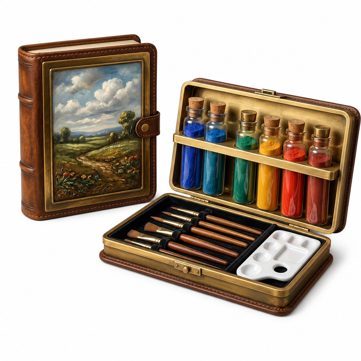 Cerksms™ Vintage Travel Watercolor Paint Set, Portable Artist Pigment Kit with Antique Vials, Brass & Leather Case, Precision Brushes, Removable Mini Palette, Gift Art Supplies for Sketching, Journaling & Plein Air Painting