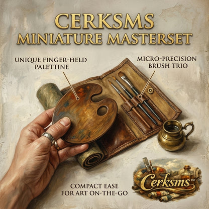 Cerksms™ Miniature Masterset, Finger-Held Paint Palette with Micro-Precision Brush Trio, Compact Travel Art Kit for Miniature Painting, Model Detailing, Watercolor, Acrylic, Gouache, Hobby Craft, Artists & Collectors