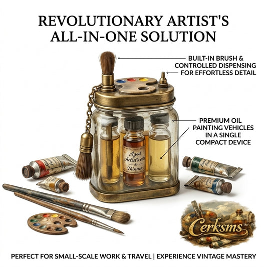 Cerksms™ Vintage Artist Oil Painting Medium Kit, Portable All-in-One Oil Paint Vehicle Dispenser with Built-In Brush, Detail Brush, Mini Palette, Glass Bottles, Travel Art Supplies for Plein Air Painting, Studio Sketching & Small-Scale Artwork