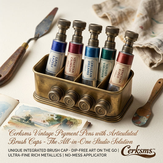 Cerksms™ Vintage Pigment Pens with Articulated Brush Caps, Metallic Watercolor Paint Pens Set, Dip-Free Artist Brush Markers, No-Mess Portable Paint Applicators for Sketching, Journaling, Calligraphy, Crafting & Studio Art