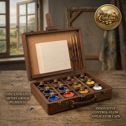 Cerksms™ Vintage Wooden Oil Paint Set, Artist-Grade Concentrated Pigments with Control-Flow Applicator Caps, Portable Painting Studio Kit with Brushes and Wood Panels for Artists, Students, Hobby Painters & Gift Giving